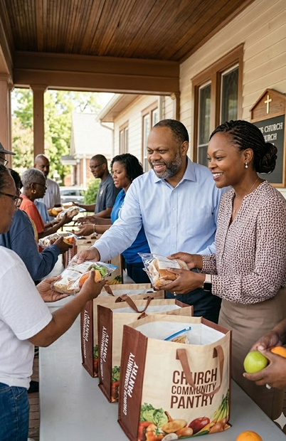 Volunteers distributing food packages at a church community pantry